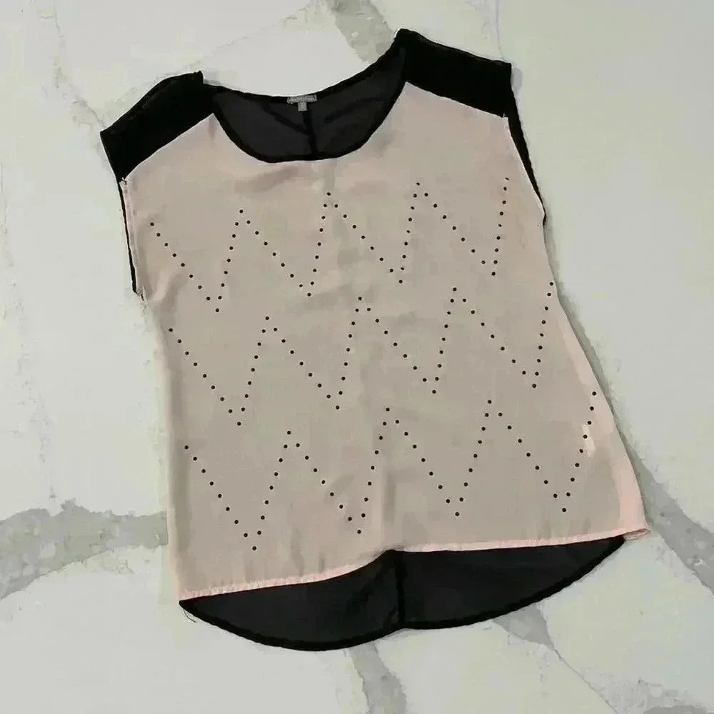 Charlotte Russe Semi Sheer Pink Black Short Sleeve Blouse Studded Women’s Small